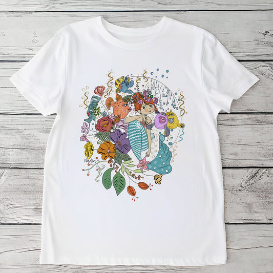 Youth white t-shirt with a hand-drawn mermaid, colorful fish, and flowers, North Shore Girls brand.