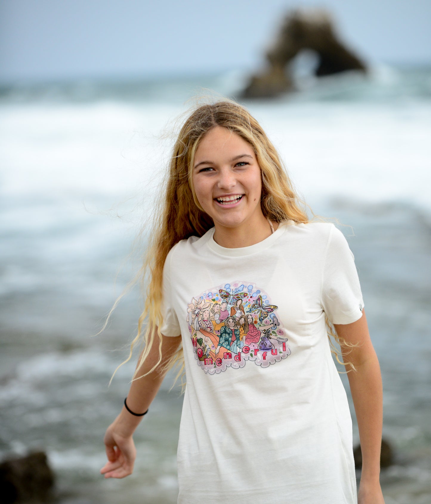North Shore Girls illustrated t-shirt of strong happy women. Womenderful slogan. Cotton Beach style t-shirt