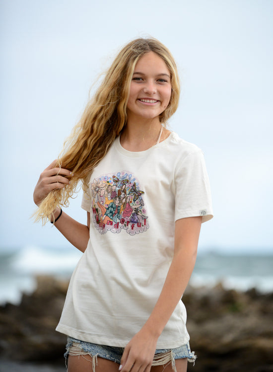 Load image into Gallery viewer, North Shore Girls Women Empowering graphic t-shirt. Hand-illustrated tee.  Surfer girl wearing t-shirt
