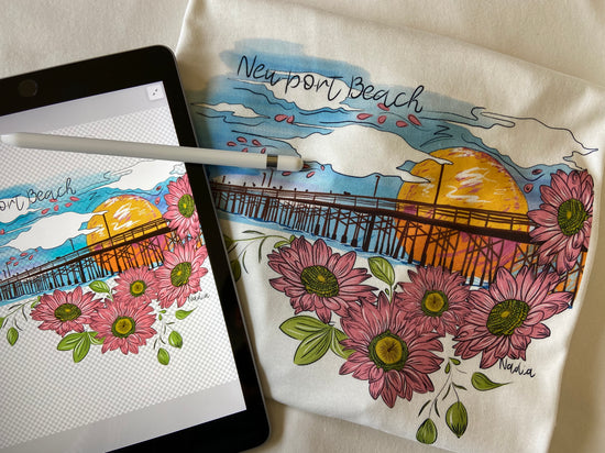 Floral graphic t-shirt of Newport Beach pier drawn by Nadia Watts